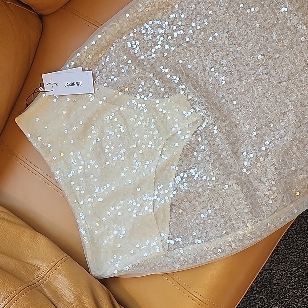 Jason Wu Cream Sequin Midi Skirt with Sheer Overlay